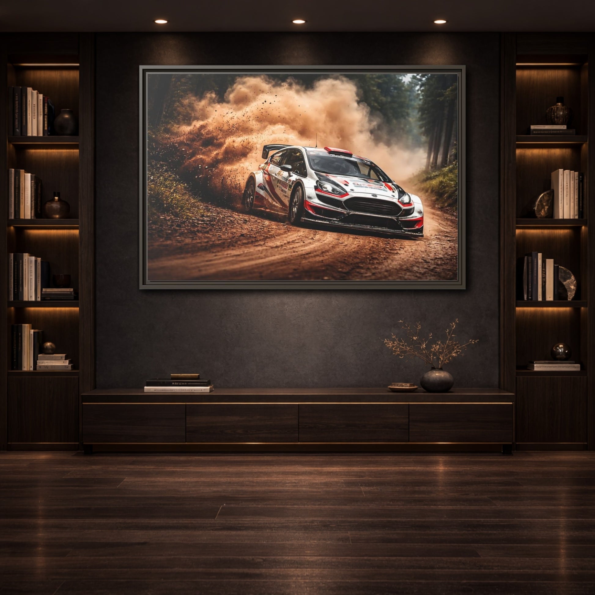 Mockup 3. Sports Rally Car Brown And White Rally shown as stretched canvas wall art