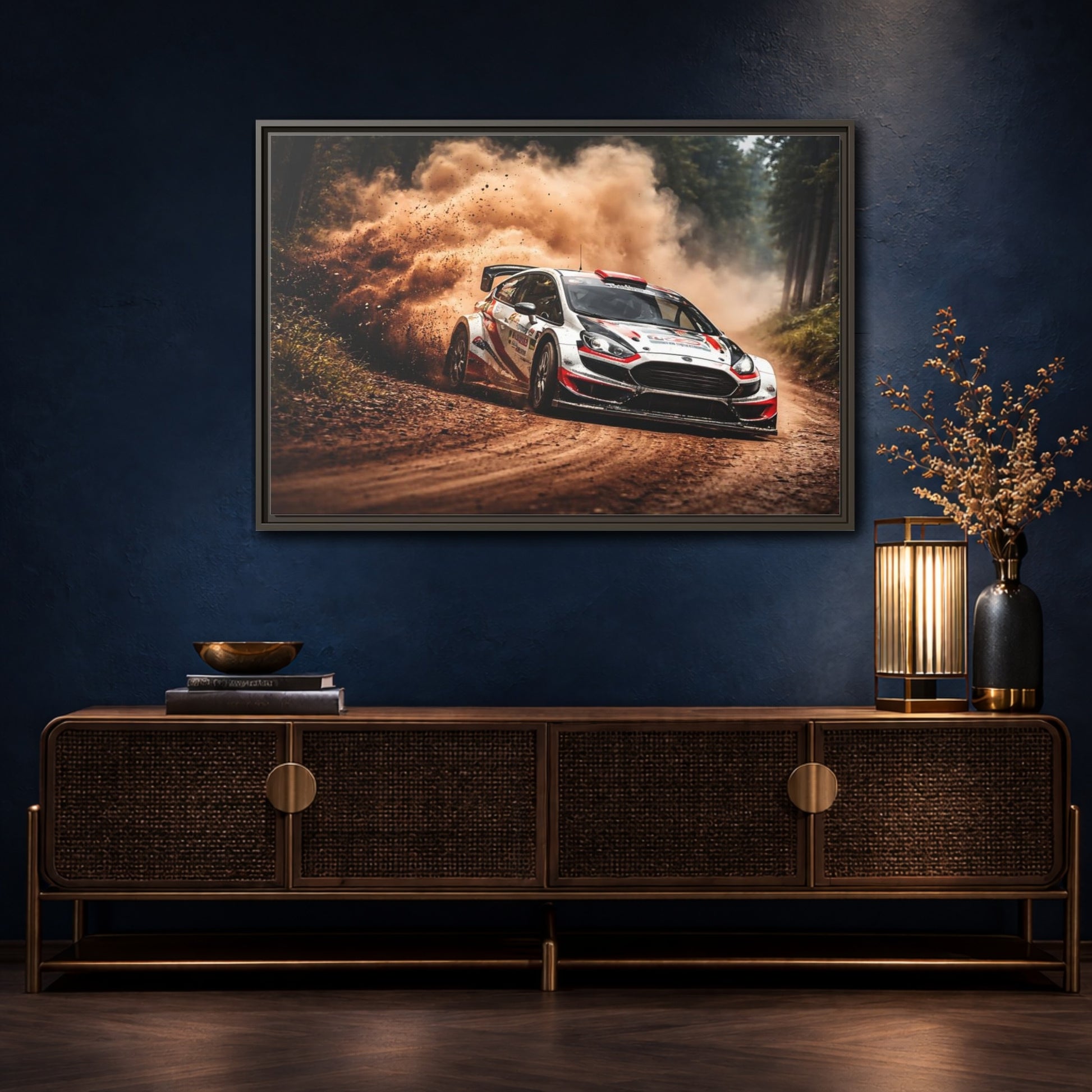 Mockup 4. Sports Rally Car Brown And White Rally shown as stretched canvas wall art