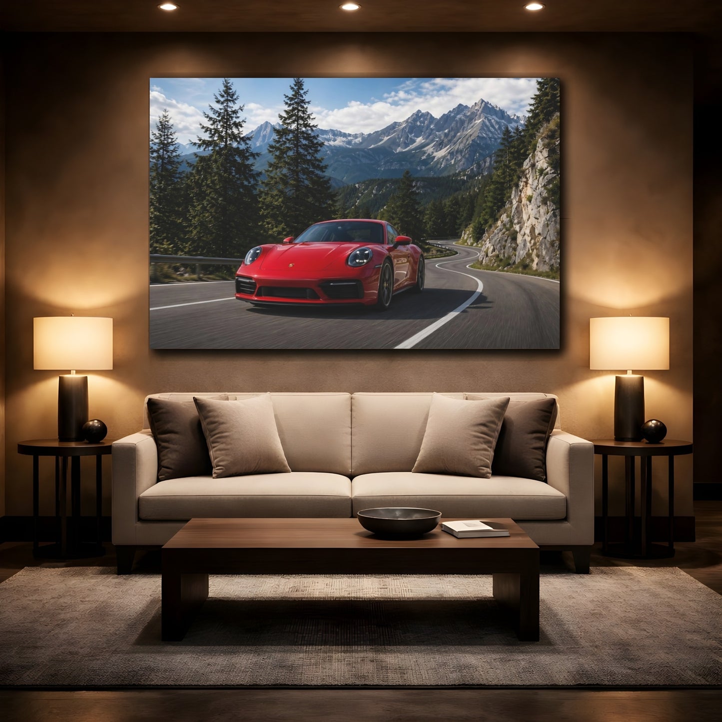 Mockup 2. Sports Red Sports Car Red Car Landscape shown as stretched canvas wall art