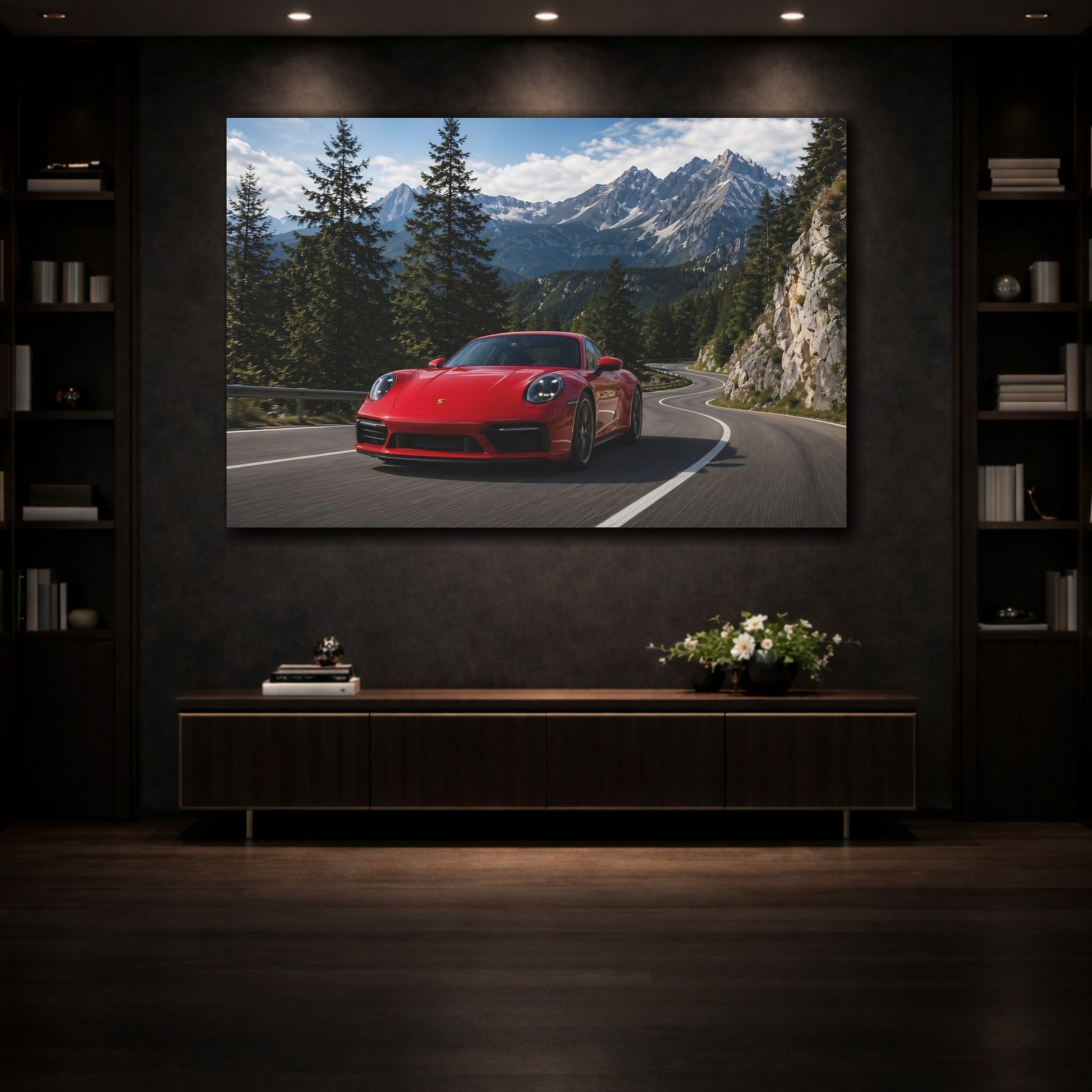 Mockup 3. Sports Red Sports Car Red Car Landscape shown as stretched canvas wall art
