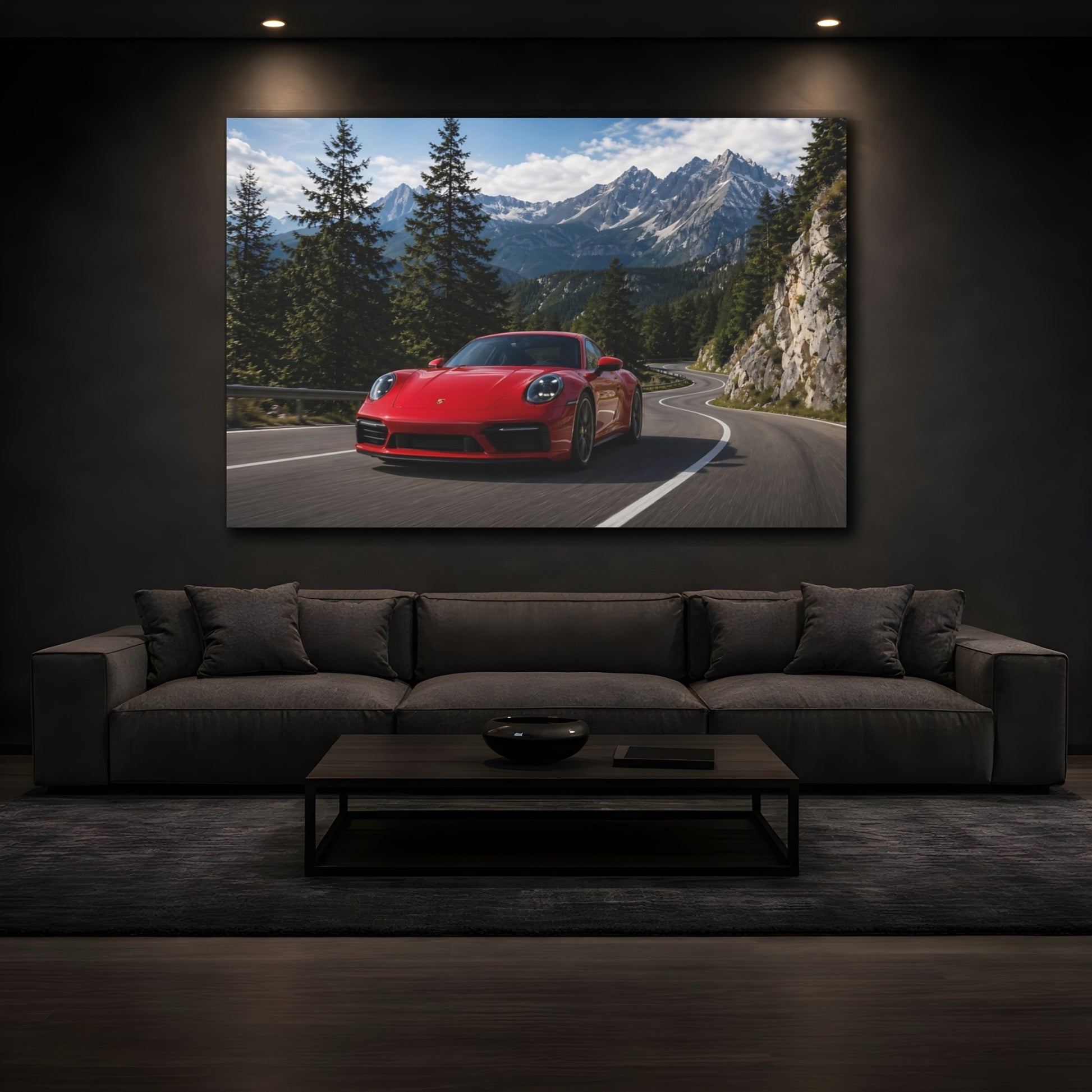 Mockup 4. Sports Red Sports Car Red Car Landscape shown as stretched canvas wall art