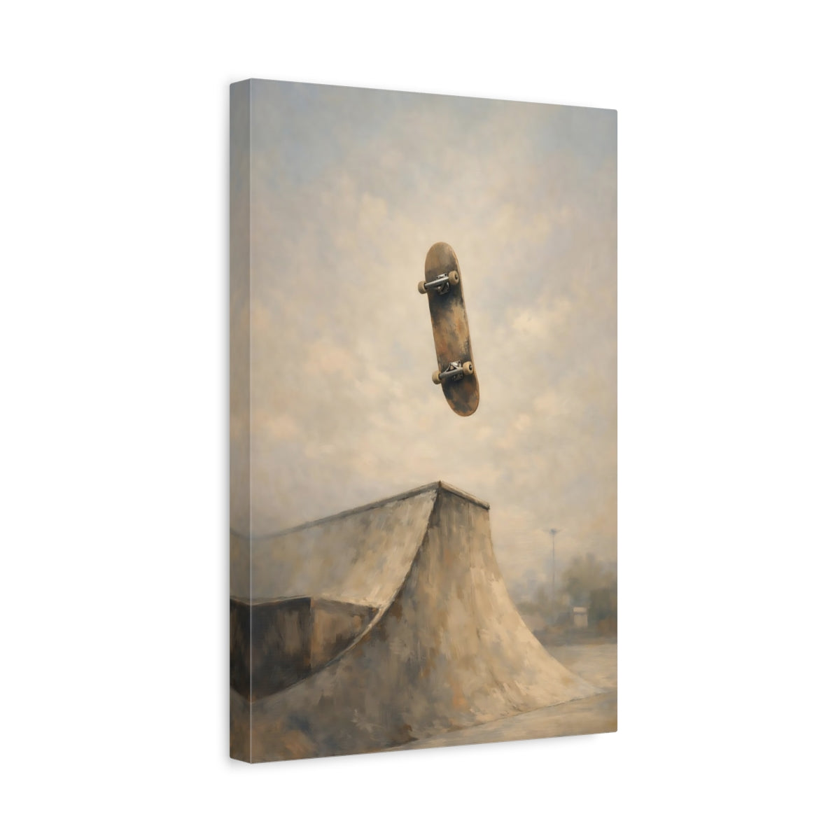 Side Mockup 4. Sports Skateboard Brown And Grey shown as stretched canvas wall art