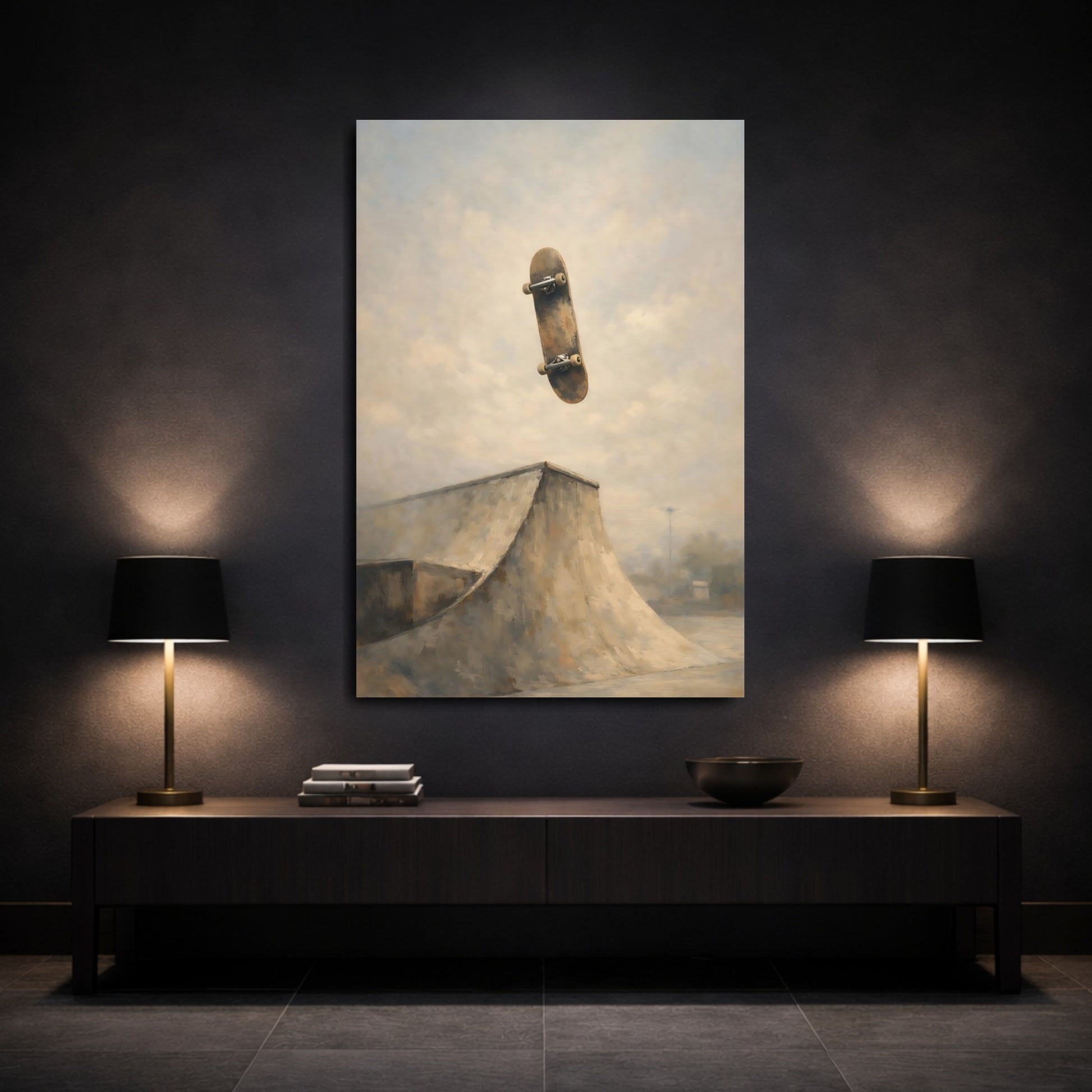 Mockup 2. Sports Skateboard Brown And Grey shown as stretched canvas wall art