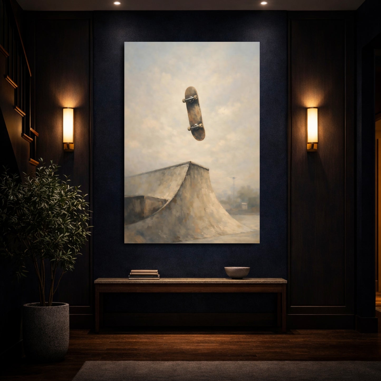Mockup 3. Sports Skateboard Brown And Grey shown as stretched canvas wall art
