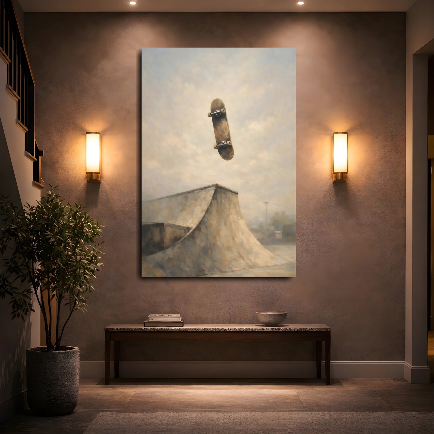 Mockup 4. Sports Skateboard Brown And Grey shown as stretched canvas wall art