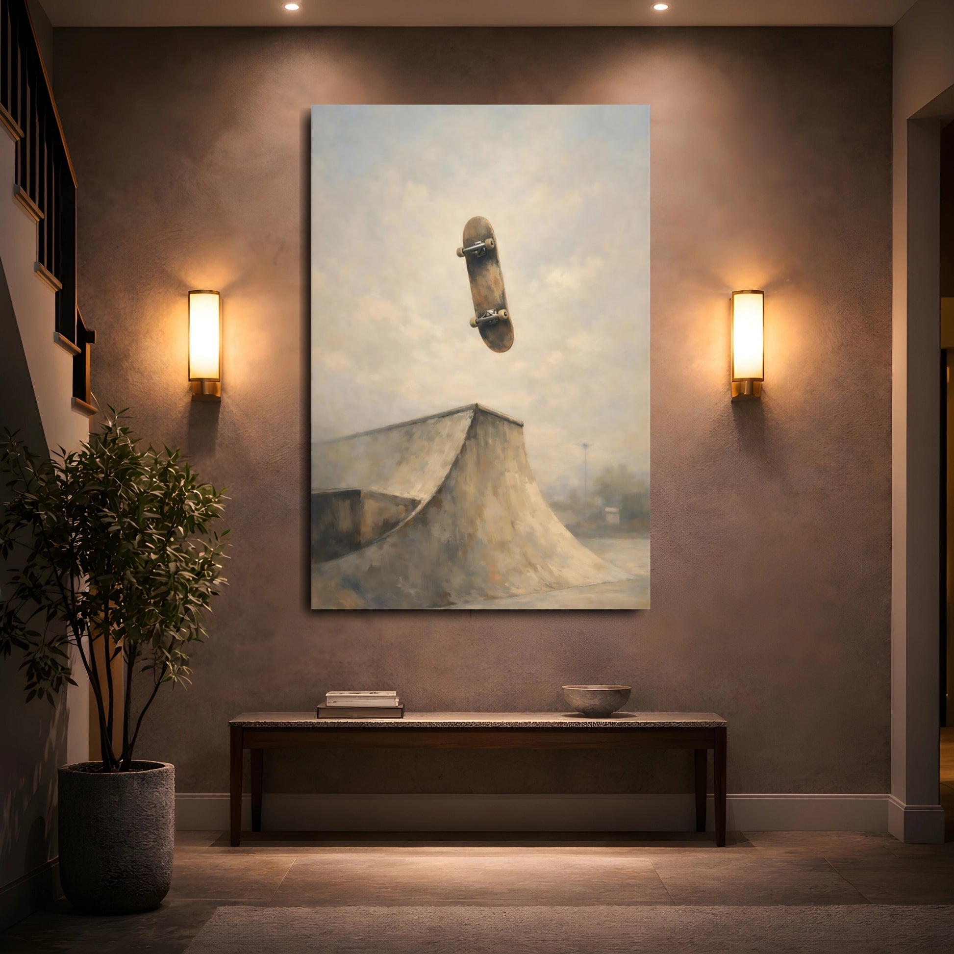 Mockup 4. Sports Skateboard Brown And Grey shown as stretched canvas wall art