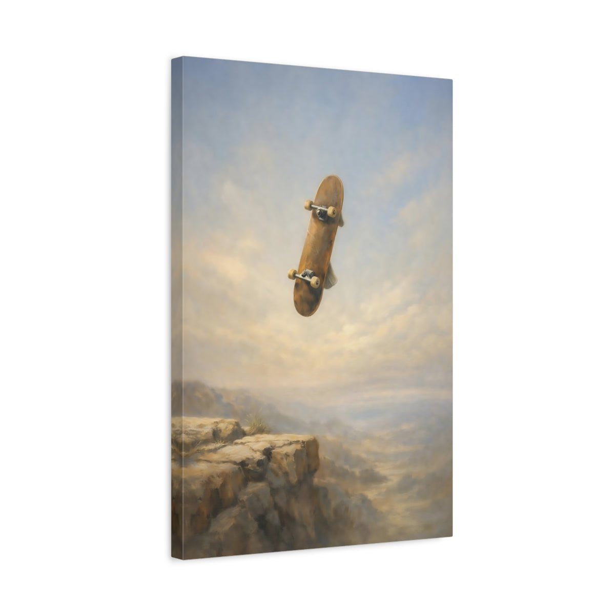Side Mockup 3. Sports Skateboard Skateboard Cliff shown as stretched canvas wall art