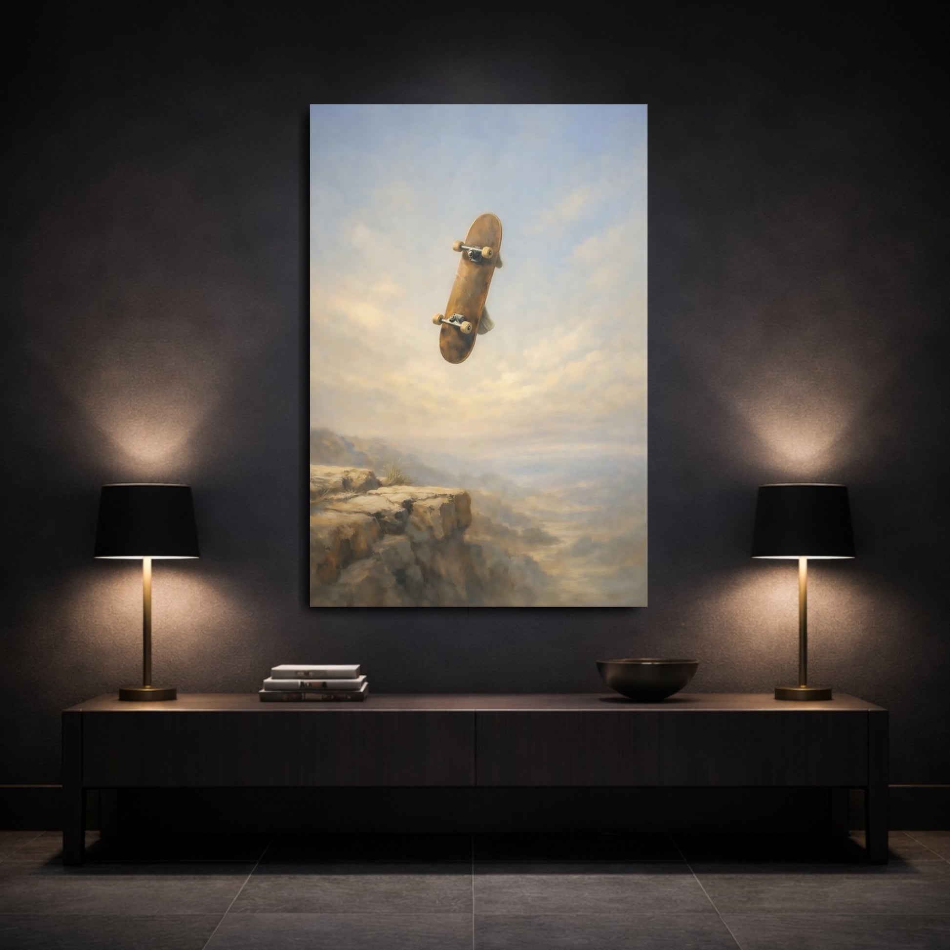 Mockup 2. Sports Skateboard Skateboard Cliff shown as stretched canvas wall art