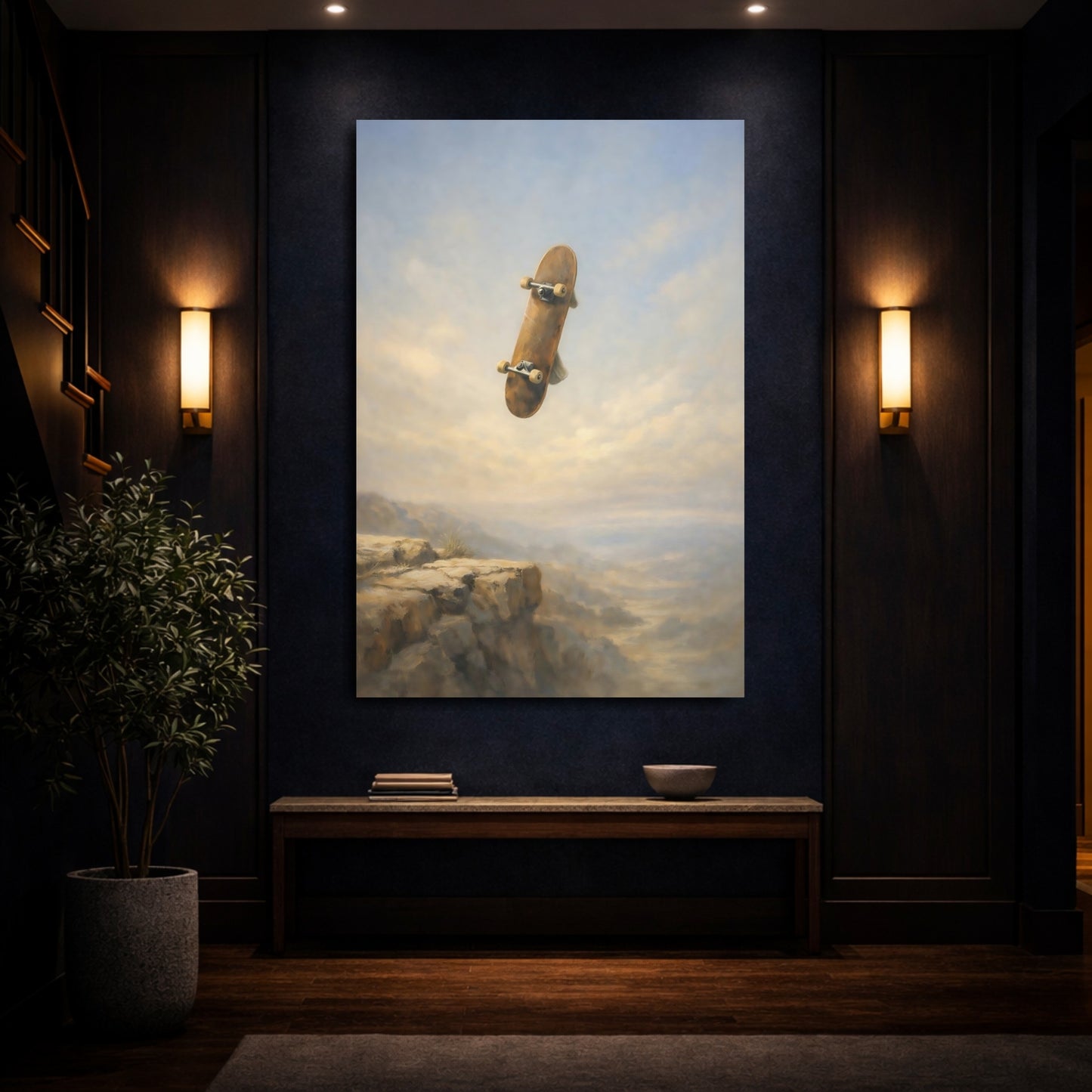 Mockup 3. Sports Skateboard Skateboard Cliff shown as stretched canvas wall art