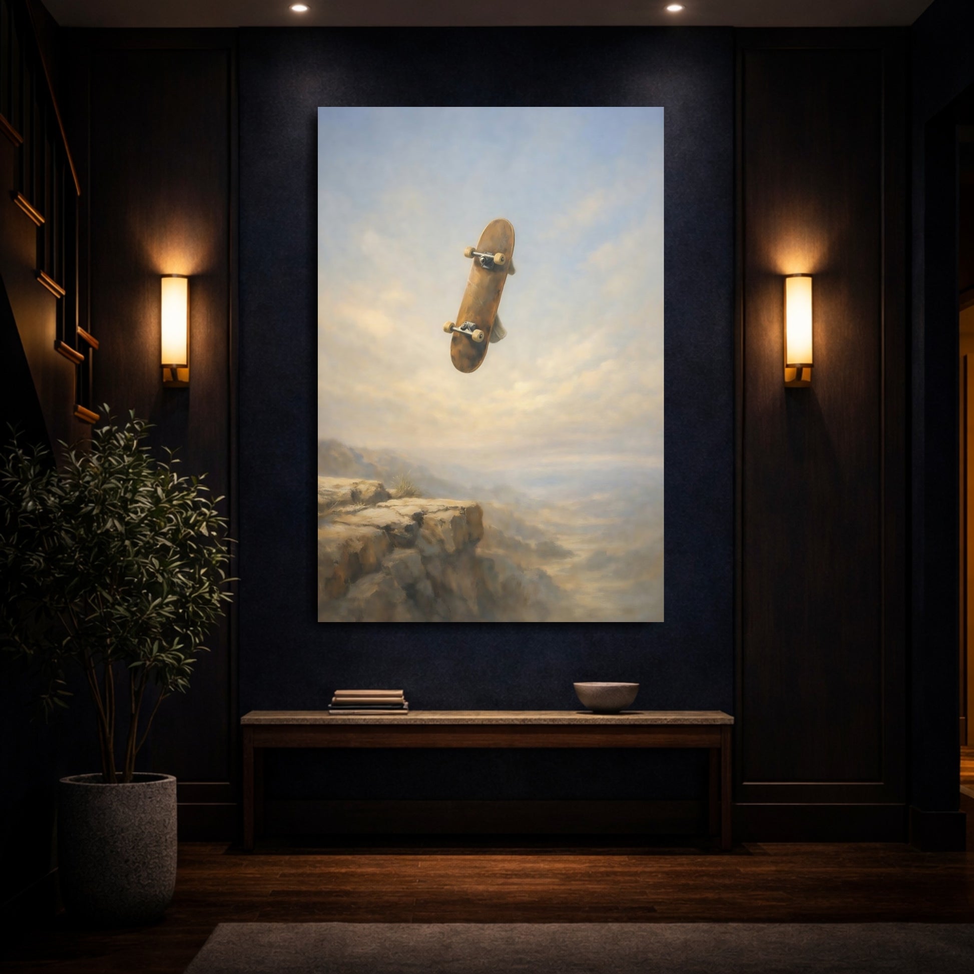 Mockup 3. Sports Skateboard Skateboard Cliff shown as stretched canvas wall art