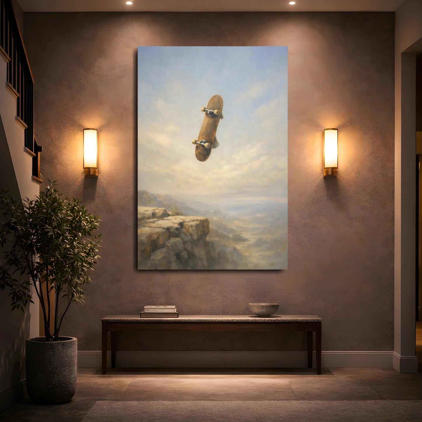 Mockup 4. Sports Skateboard Skateboard Cliff shown as stretched canvas wall art