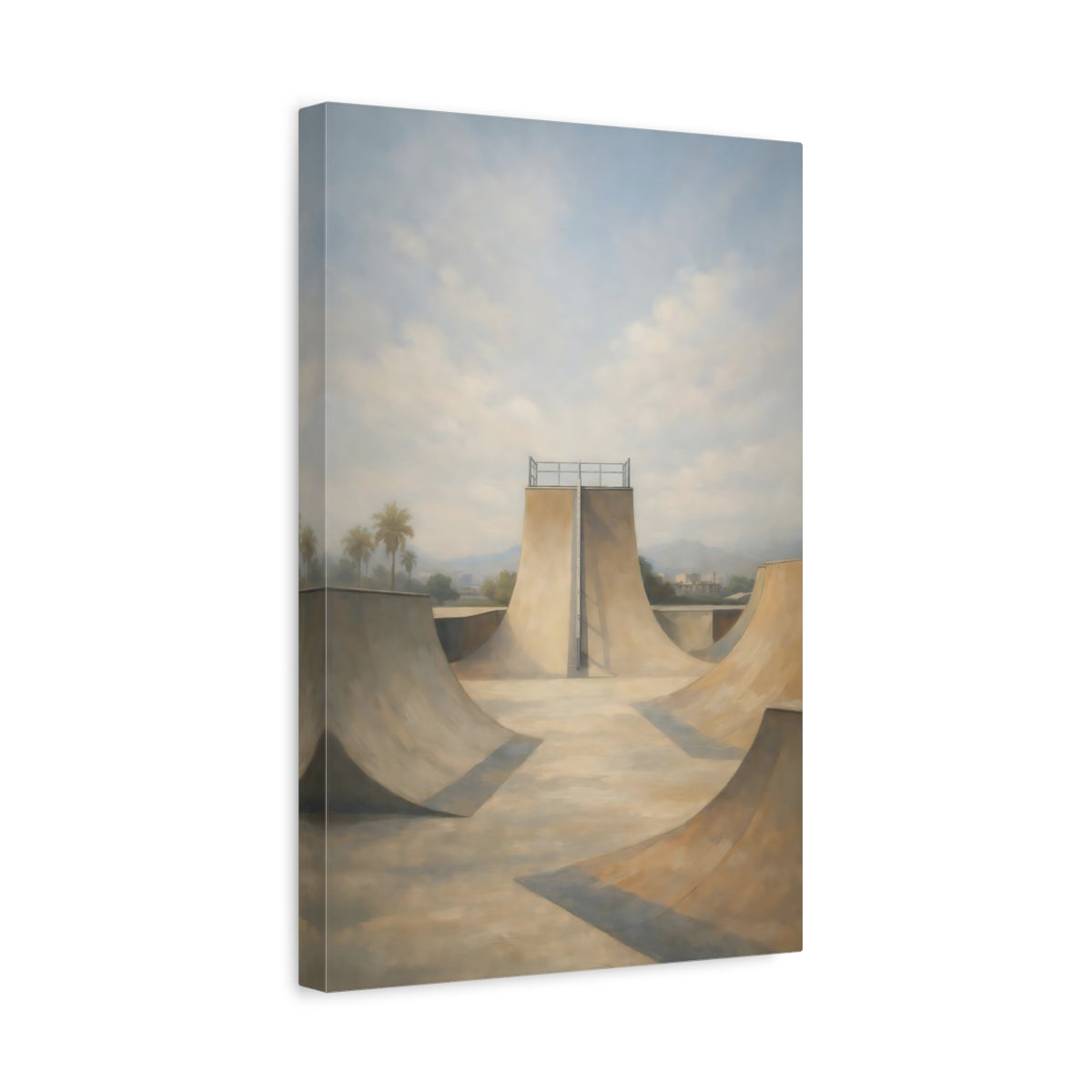 Side Mockup 4. Sports Skatepark Muted Beige Blue shown as stretched canvas wall art