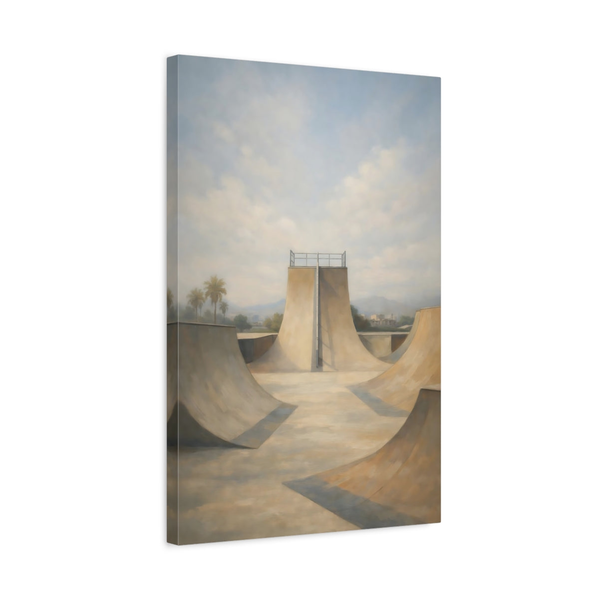 Side Mockup 3. Sports Skatepark Muted Beige Blue shown as stretched canvas wall art