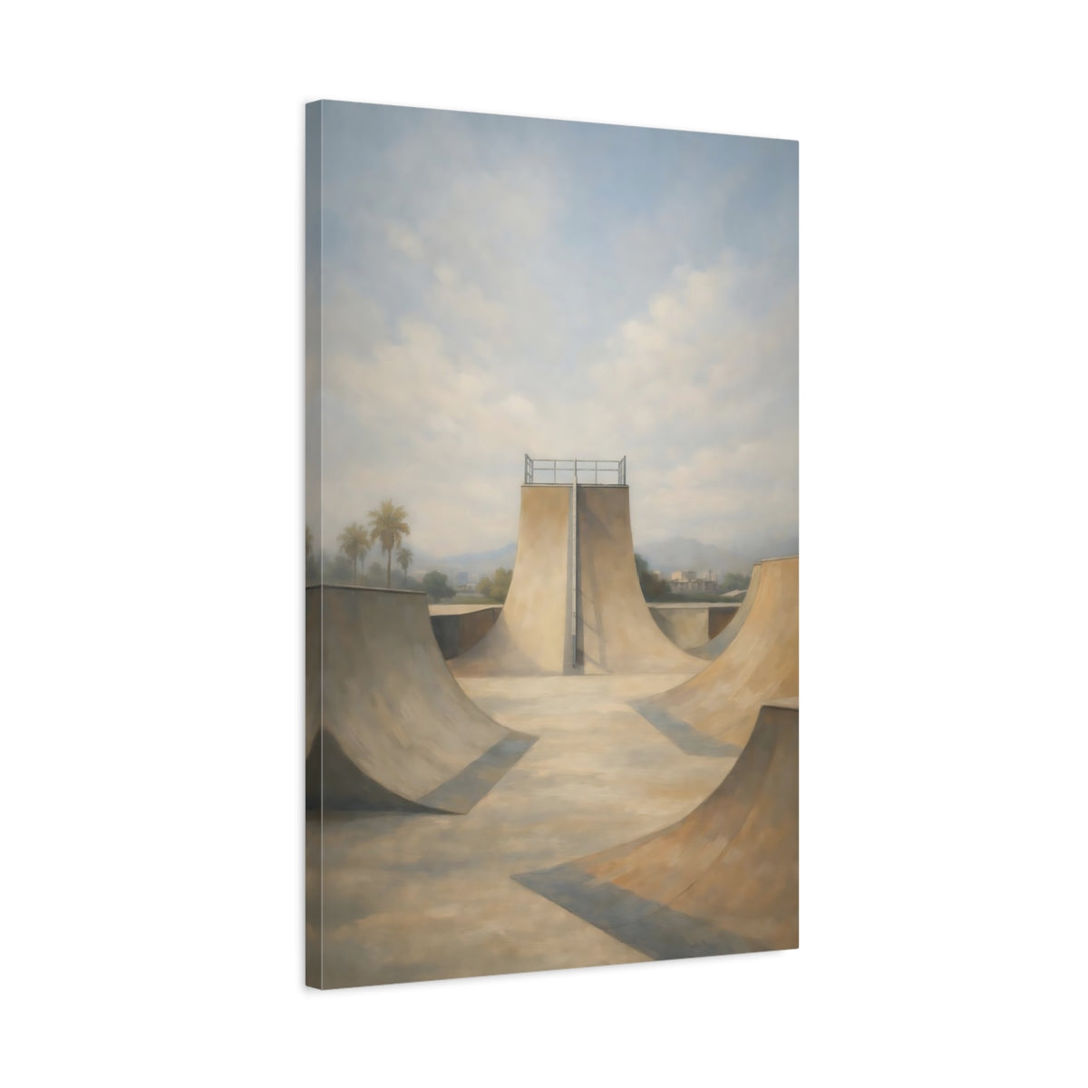 Side Mockup 2. Sports Skatepark Muted Beige Blue shown as stretched canvas wall art