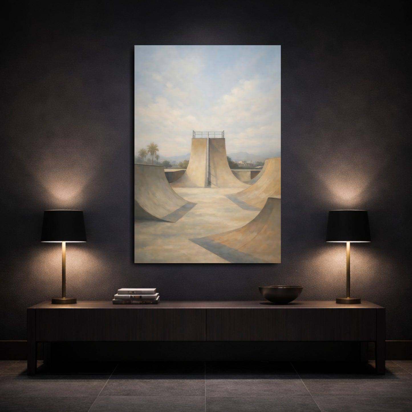 Mockup 2. Sports Skatepark Muted Beige Blue shown as stretched canvas wall art