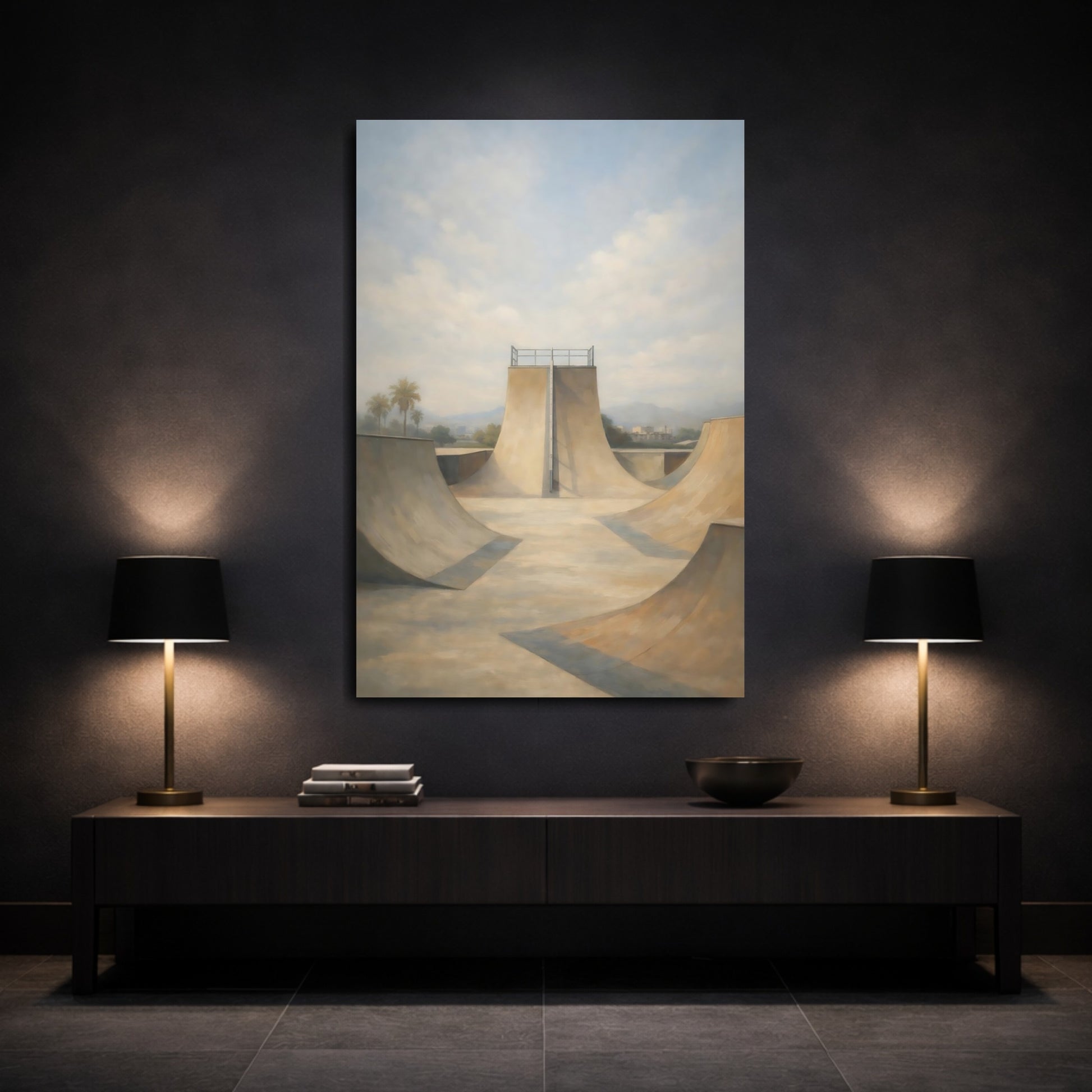 Mockup 2. Sports Skatepark Muted Beige Blue shown as stretched canvas wall art