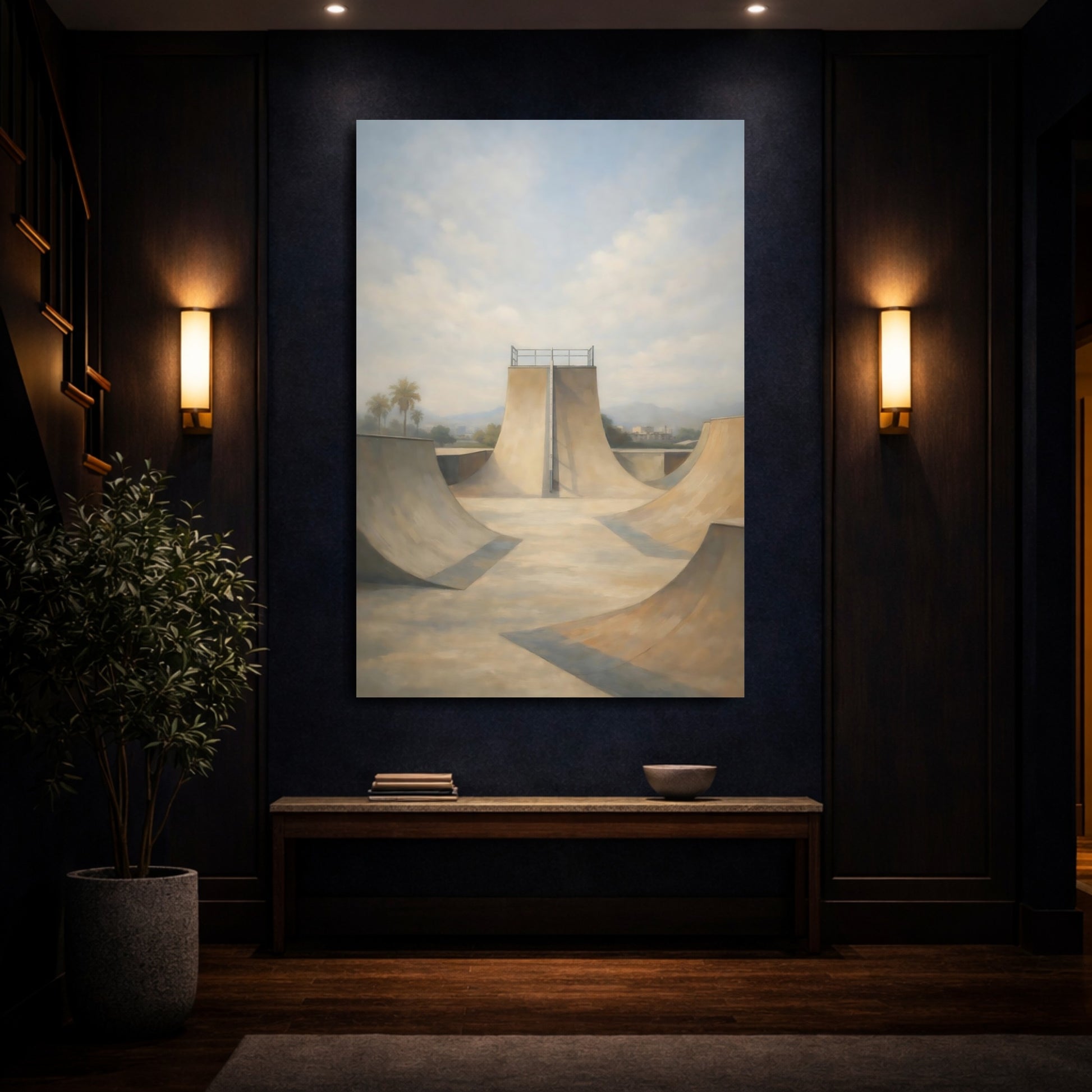 Mockup 3. Sports Skatepark Muted Beige Blue shown as stretched canvas wall art