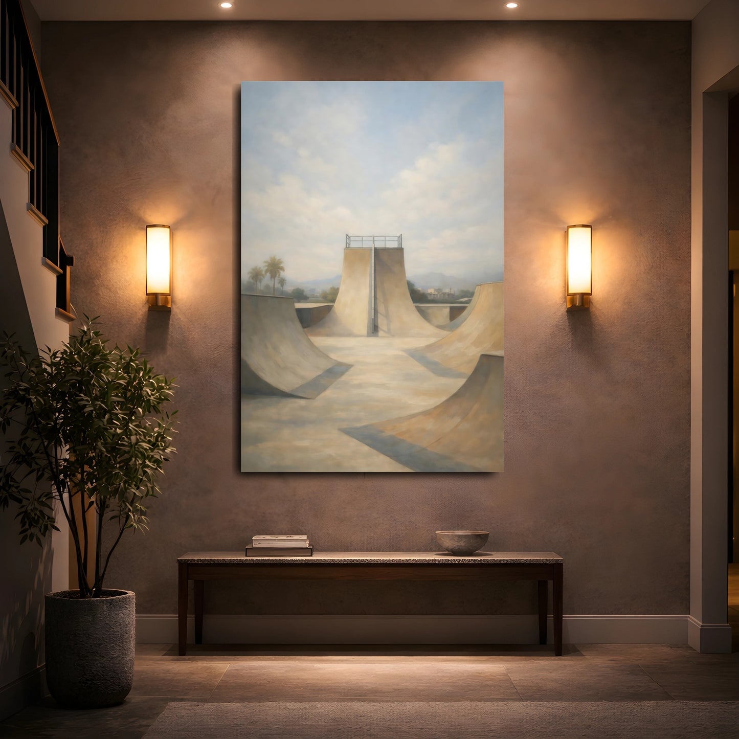 Mockup 4. Sports Skatepark Muted Beige Blue shown as stretched canvas wall art