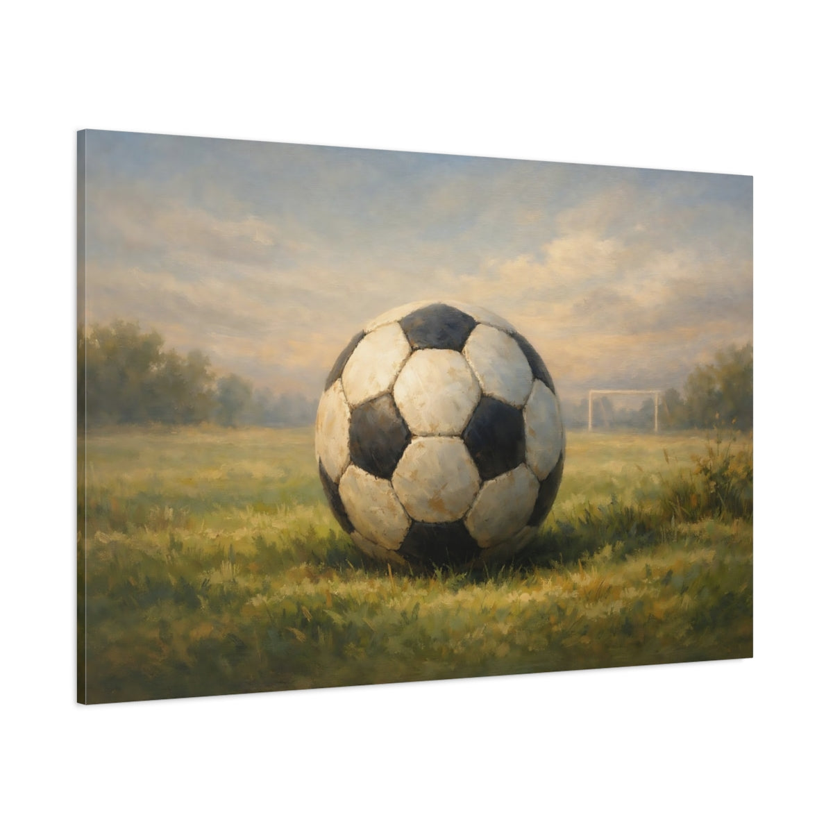 Main Mockup. Sports Soccer Ball Green And Blue shown as stretched canvas wall art