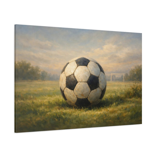 Main Mockup. Sports Soccer Ball Green And Blue shown as stretched canvas wall art