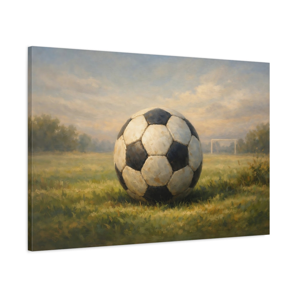 Side Mockup 1. Sports Soccer Ball Green And Blue shown as stretched canvas wall art