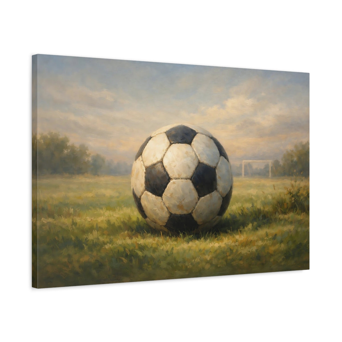 Side Mockup 2. Sports Soccer Ball Green And Blue shown as stretched canvas wall art