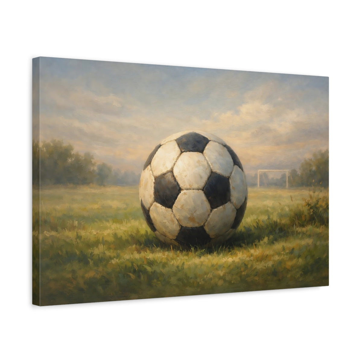 Side Mockup 3. Sports Soccer Ball Green And Blue shown as stretched canvas wall art
