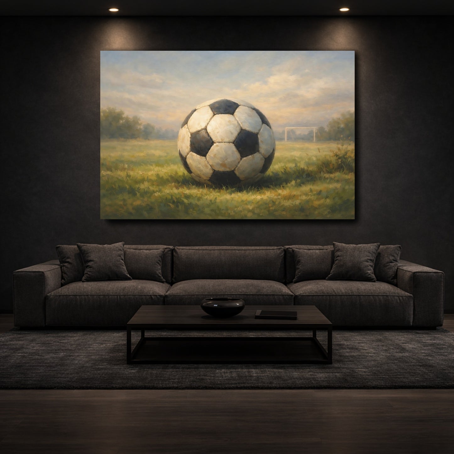 Mockup 2. Sports Soccer Ball Green And Blue shown as stretched canvas wall art