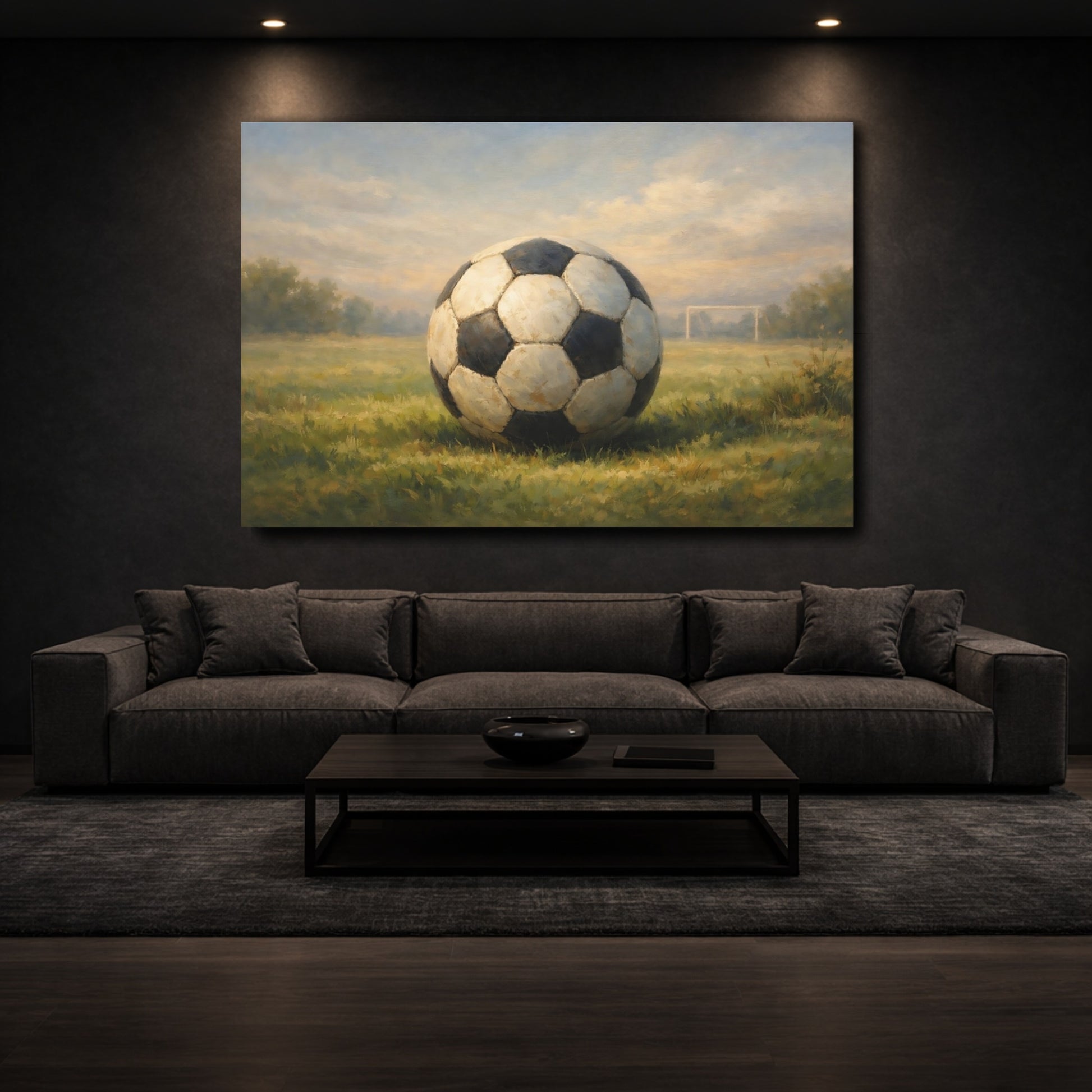 Mockup 2. Sports Soccer Ball Green And Blue shown as stretched canvas wall art