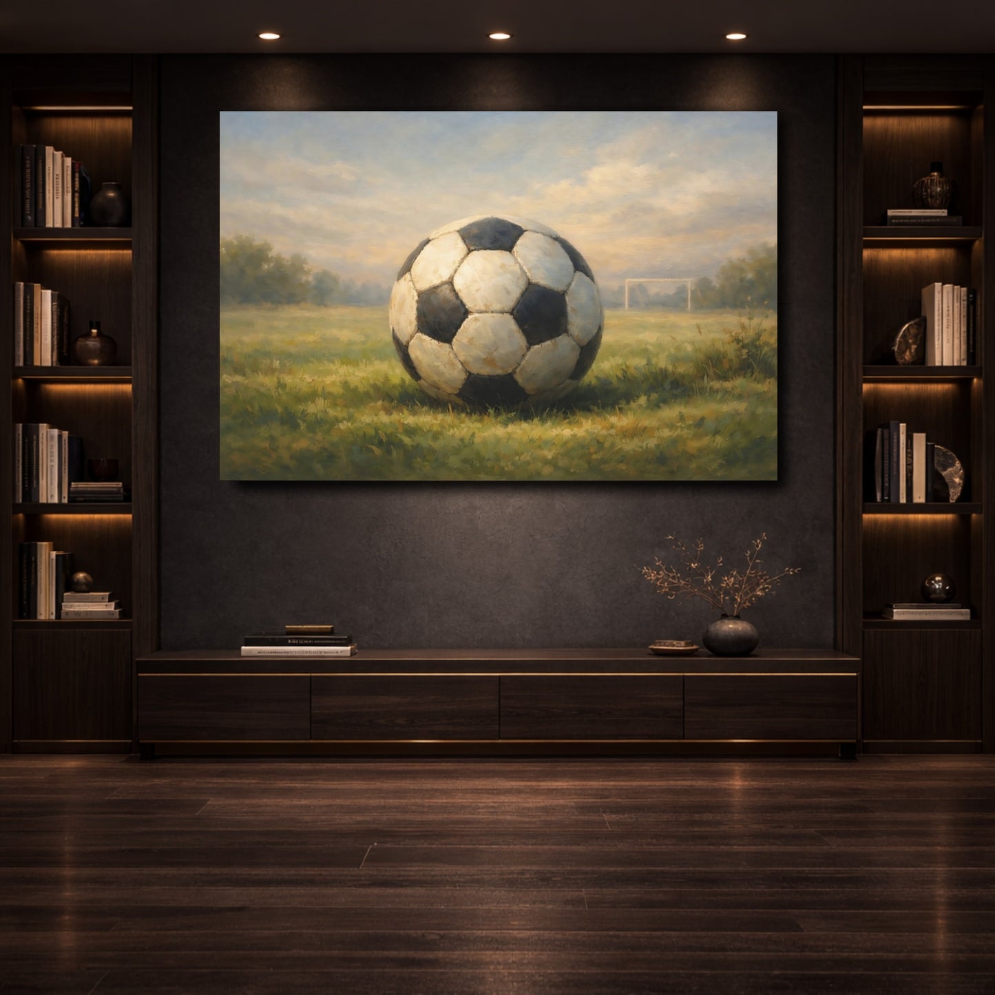 Mockup 3. Sports Soccer Ball Green And Blue shown as stretched canvas wall art