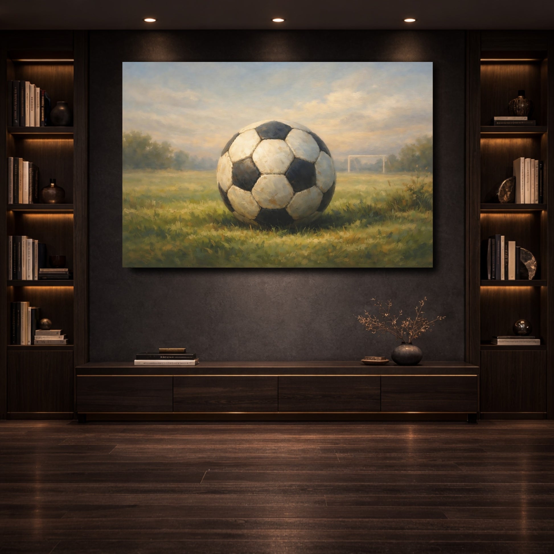 Mockup 3. Sports Soccer Ball Green And Blue shown as stretched canvas wall art