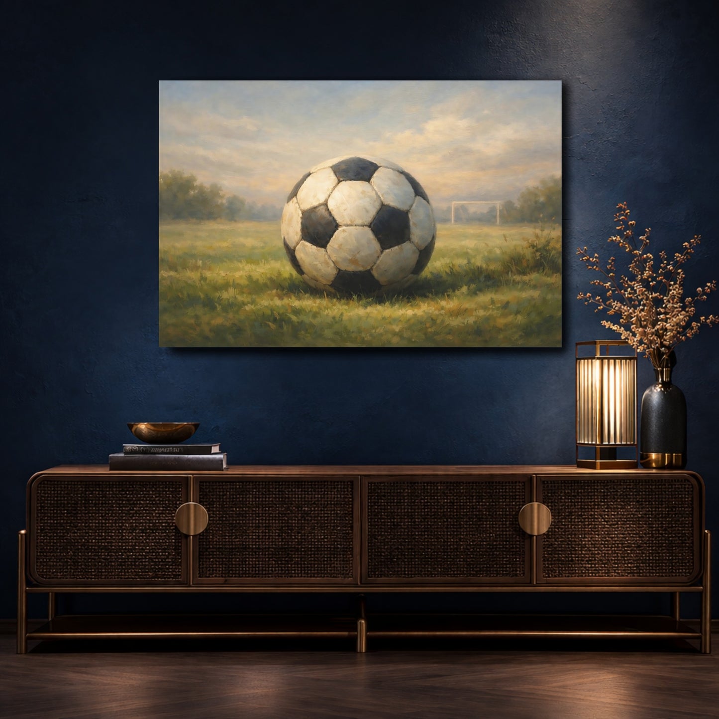 Mockup 4. Sports Soccer Ball Green And Blue shown as stretched canvas wall art