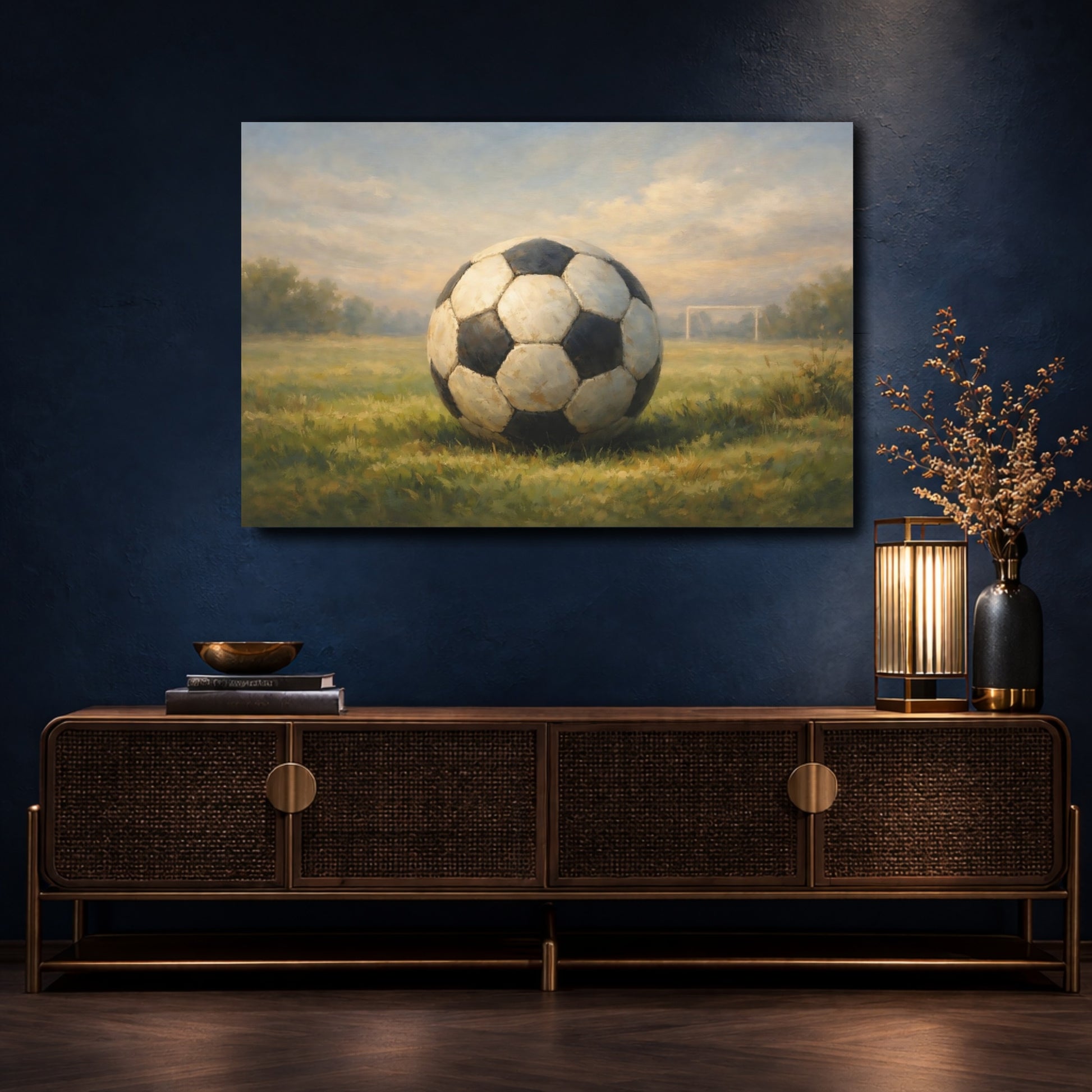 Mockup 4. Sports Soccer Ball Green And Blue shown as stretched canvas wall art