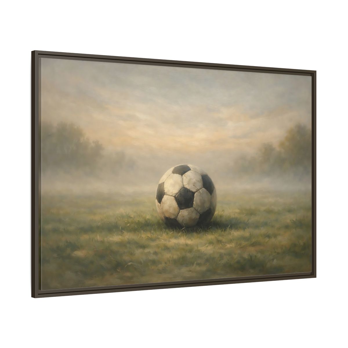 Main Mockup. Sports Soccer Ball Misty Green Field shown as stretched canvas wall art