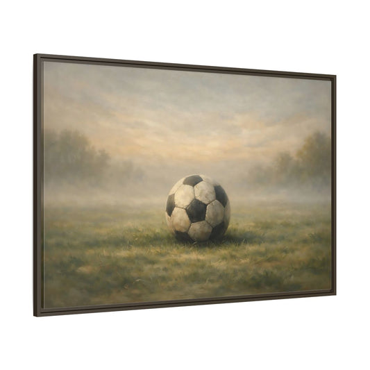 Main Mockup. Sports Soccer Ball Misty Green Field shown as stretched canvas wall art