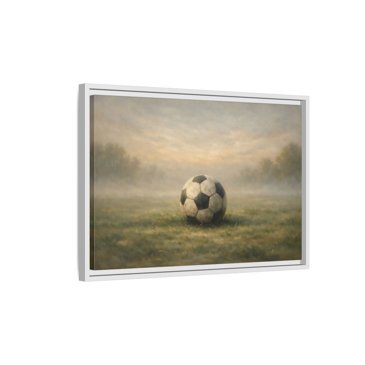 Side Mockup 1. Sports Soccer Ball Misty Green Field shown as stretched canvas wall art