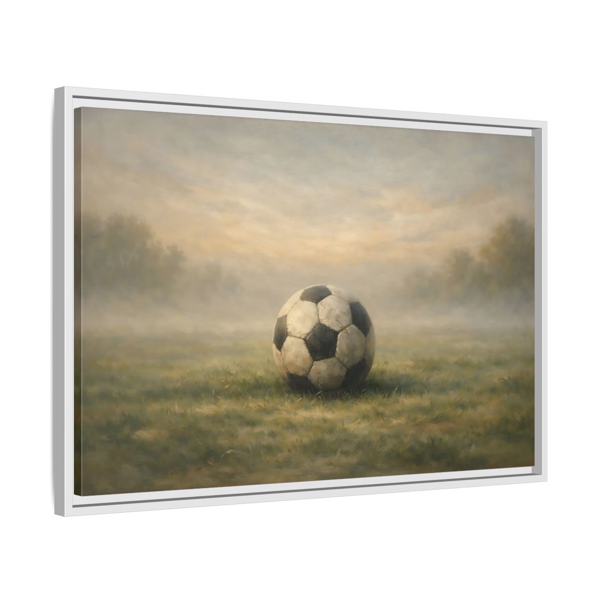 Side Mockup 10. Sports Soccer Ball Misty Green Field shown as stretched canvas wall art