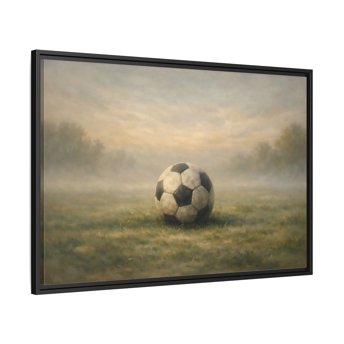 Side Mockup 13. Sports Soccer Ball Misty Green Field shown as stretched canvas wall art