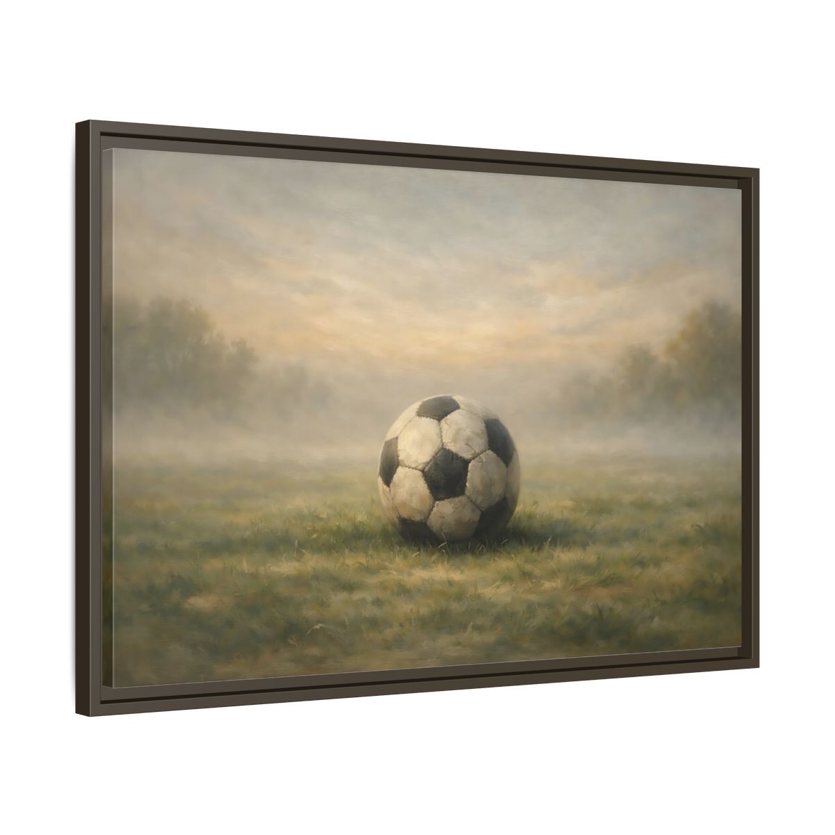 Side Mockup 11. Sports Soccer Ball Misty Green Field shown as stretched canvas wall art