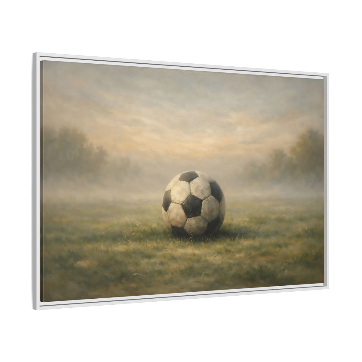 Side Mockup 7. Sports Soccer Ball Misty Green Field shown as stretched canvas wall art
