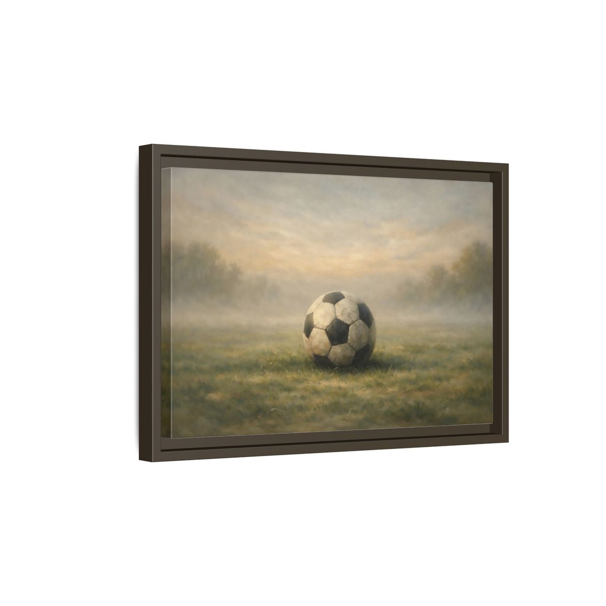 Side Mockup 5. Sports Soccer Ball Misty Green Field shown as stretched canvas wall art