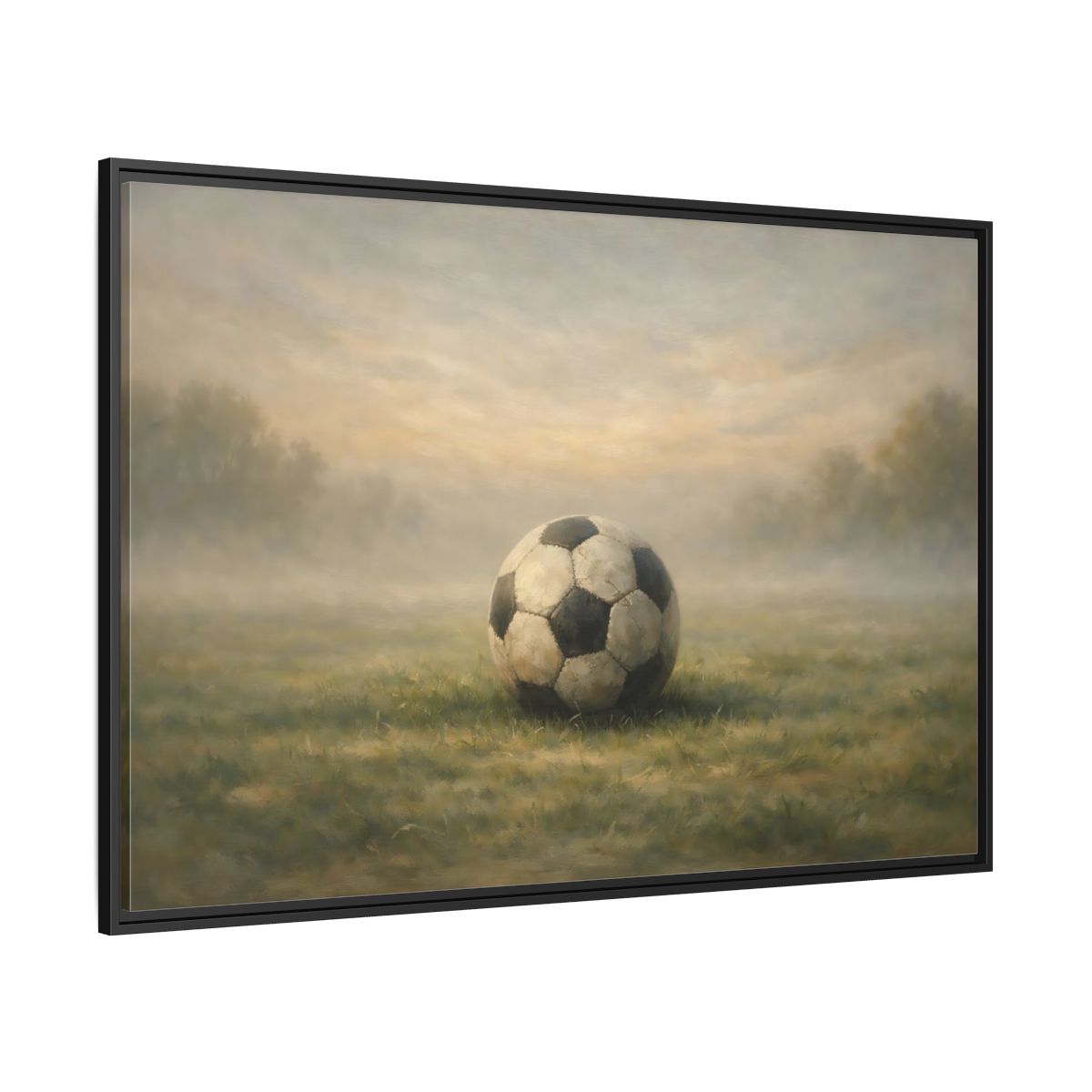 Side Mockup 12. Sports Soccer Ball Misty Green Field shown as stretched canvas wall art