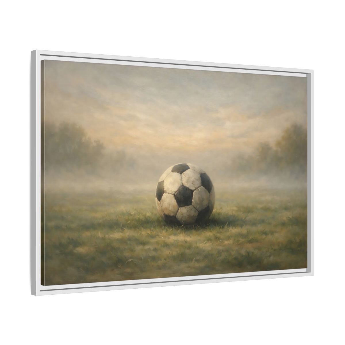 Side Mockup 8. Sports Soccer Ball Misty Green Field shown as stretched canvas wall art