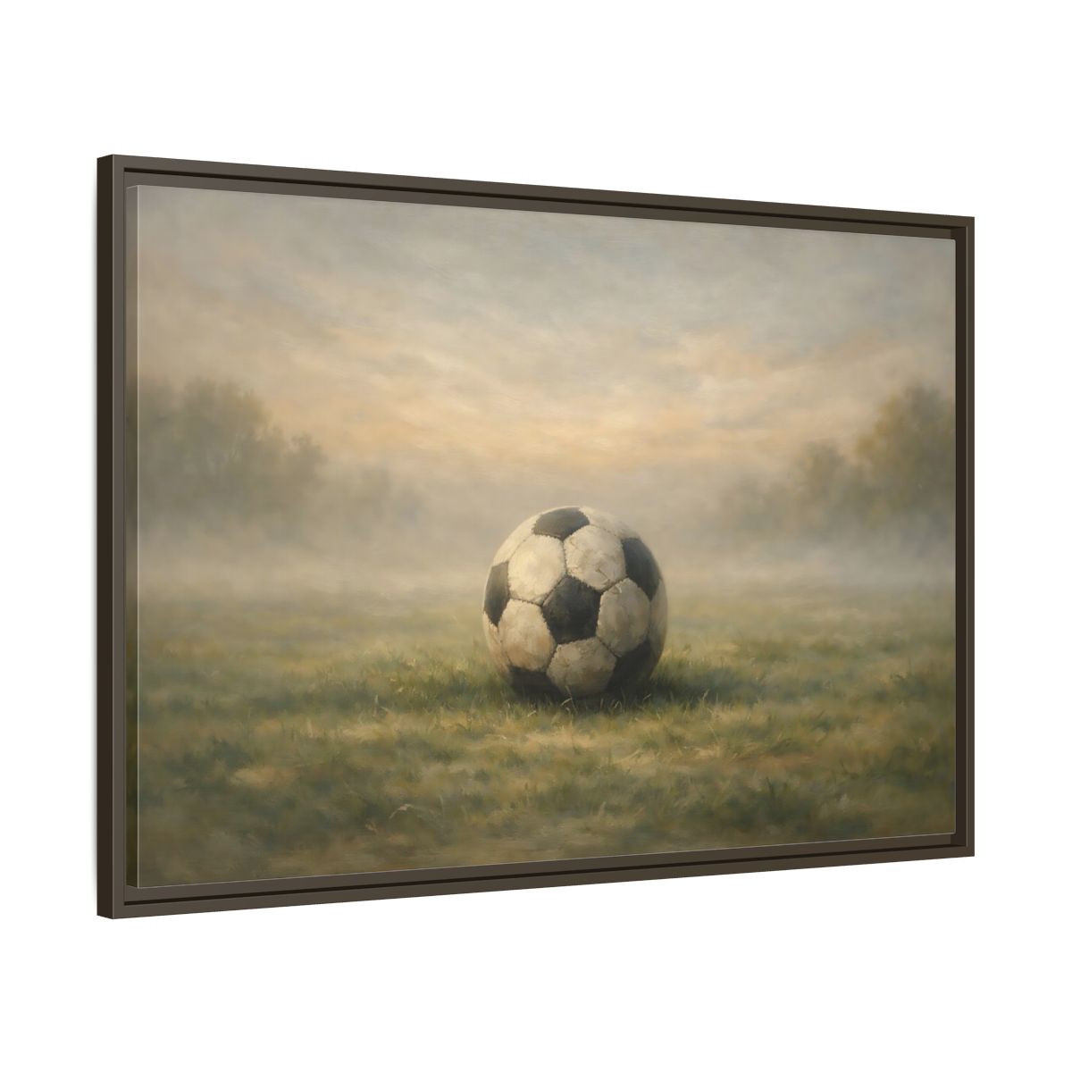 Side Mockup 9. Sports Soccer Ball Misty Green Field shown as stretched canvas wall art