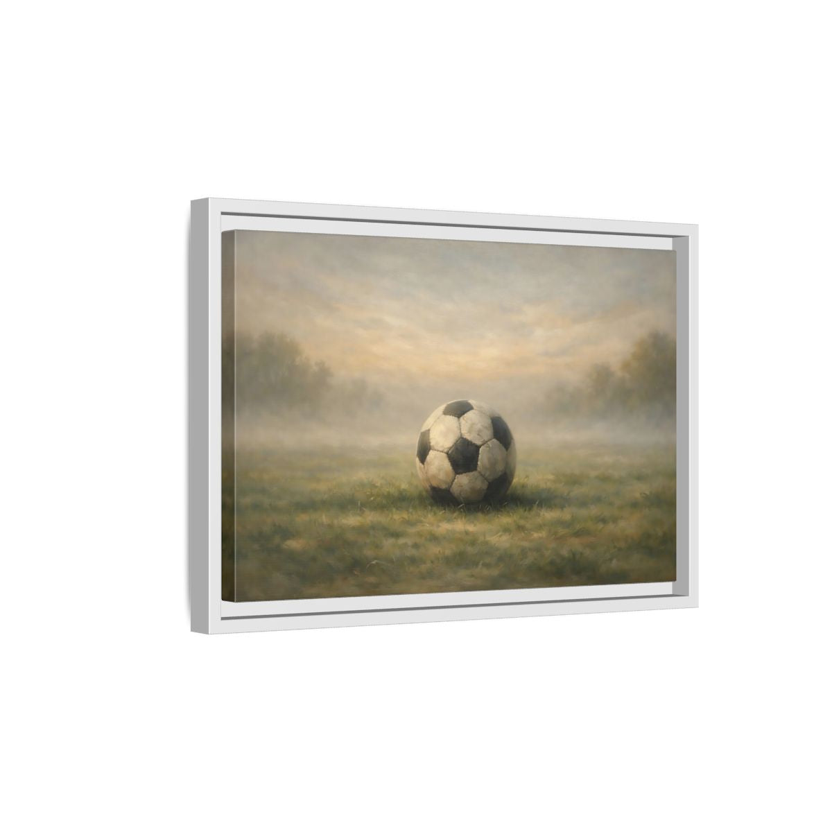 Side Mockup 4. Sports Soccer Ball Misty Green Field shown as stretched canvas wall art