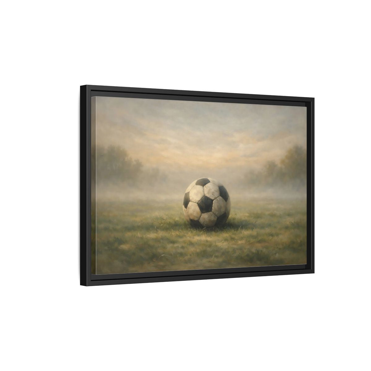 Side Mockup 3. Sports Soccer Ball Misty Green Field shown as stretched canvas wall art