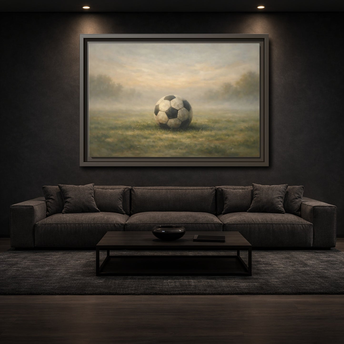 Mockup 2. Sports Soccer Ball Misty Green Field shown as stretched canvas wall art