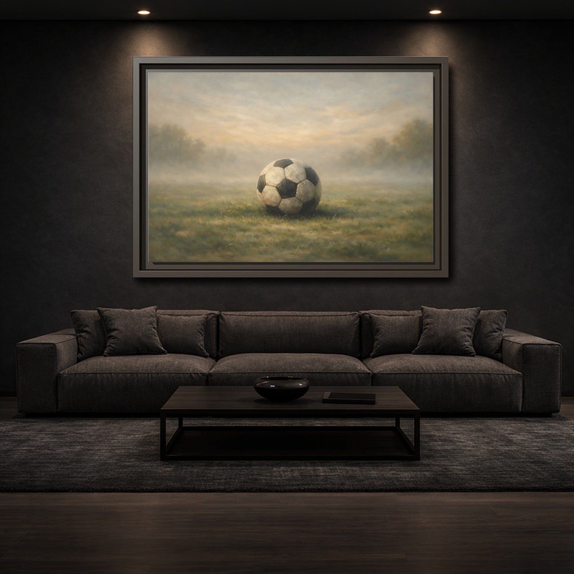 Mockup 2. Sports Soccer Ball Misty Green Field shown as stretched canvas wall art