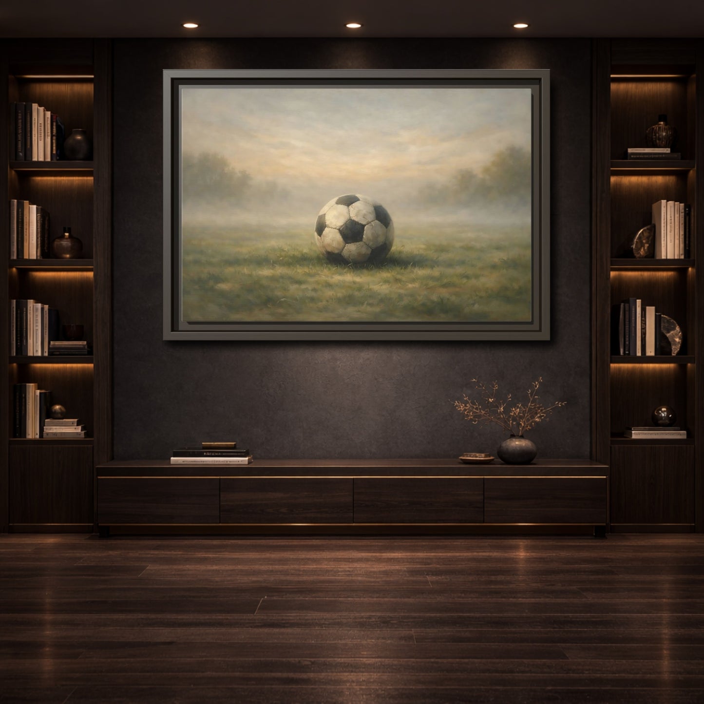 Mockup 3. Sports Soccer Ball Misty Green Field shown as stretched canvas wall art