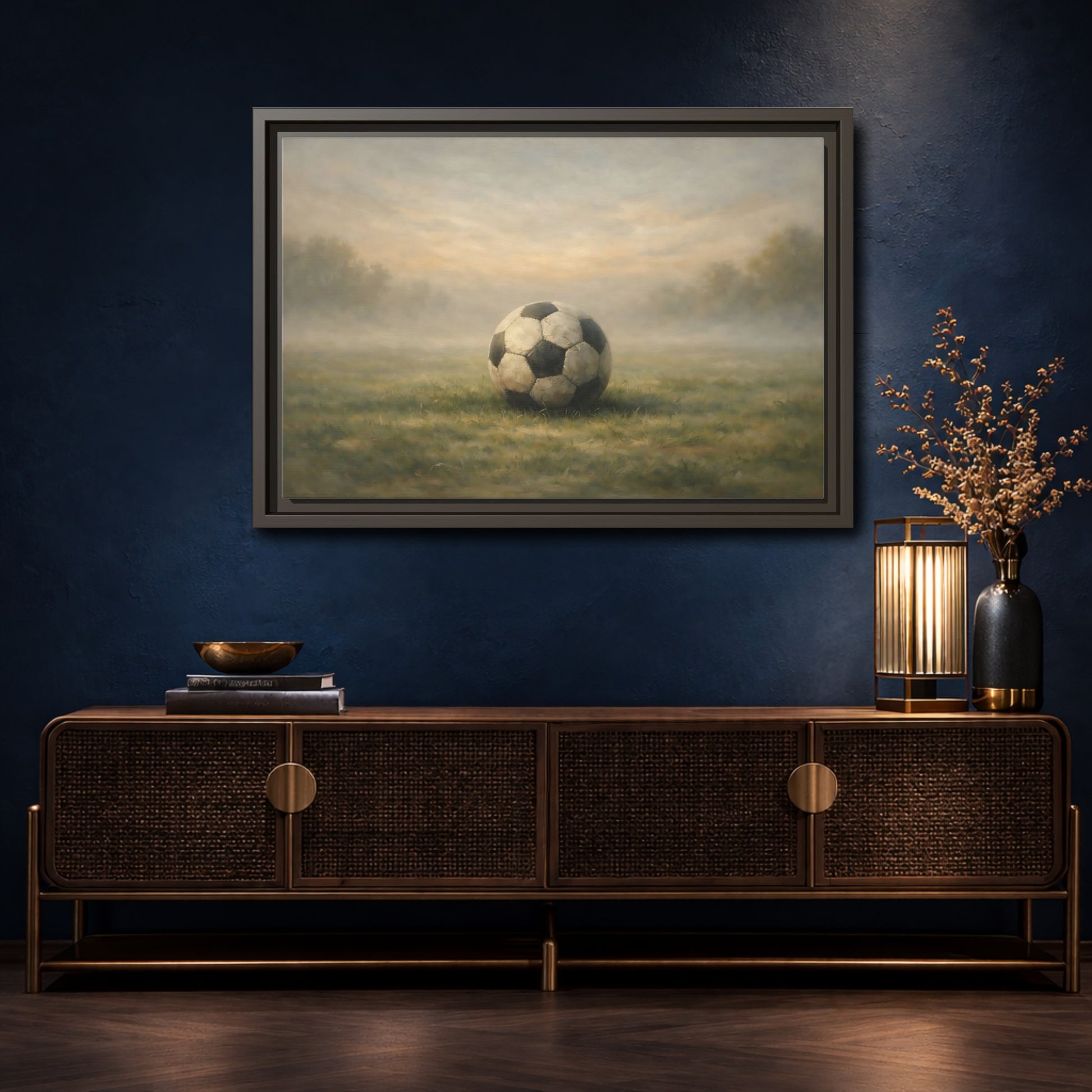 Mockup 4. Sports Soccer Ball Misty Green Field shown as stretched canvas wall art